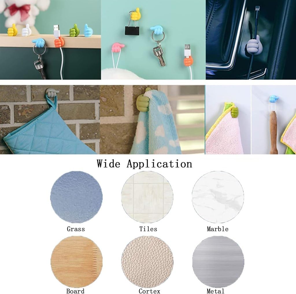 Self-Adhesive Silicone Thumb Wall Hooks for Hanging - Multi-Function Cable Clips, Key & Wire Organizers, No Punching Needed, Multi-Color Holder for Home, Office, Bedroom & Car