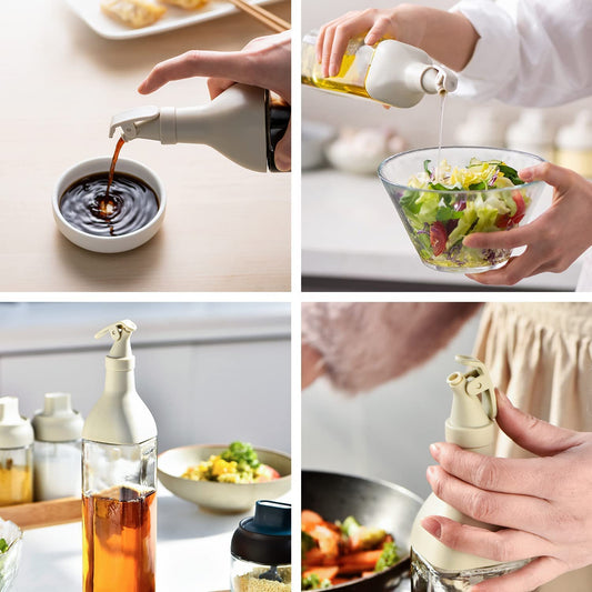 Yugefom Oil and Vinegar Dispenser, Modern Olive Oil Dispenser, Wide Opening for Easy Refill and Cleaning, Clear Glass Oil Bottle, Pouring Spouts, (SHAPE 1, GREY)
