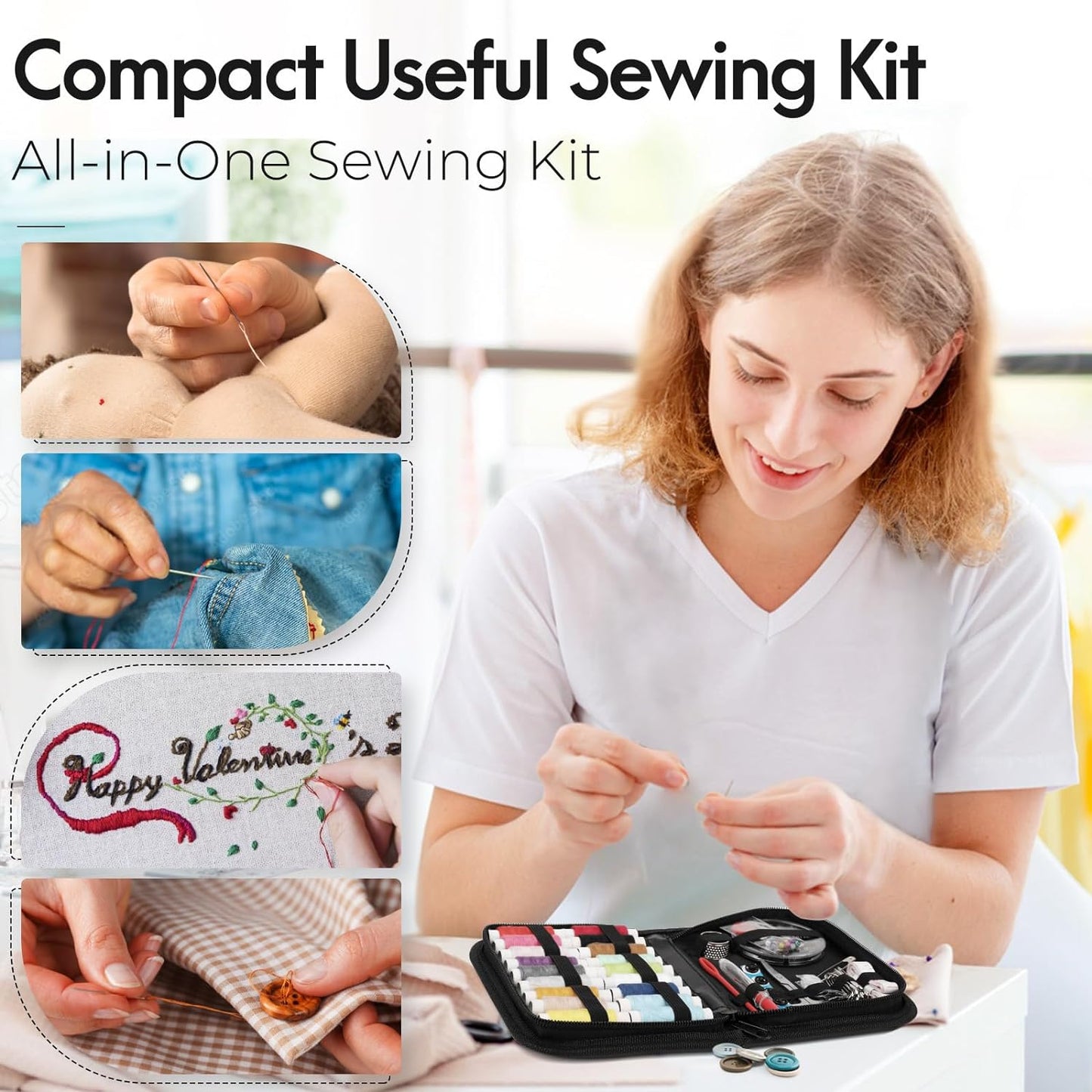 Sewing Kit with Case Portable Sewing Supplies for Home Traveler, Adults, Beginner, Emergency, Kids Contains Thread, Scissors, Needles, Measure, Black