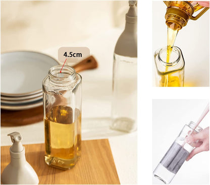 Yugefom Oil and Vinegar Dispenser, Modern Olive Oil Dispenser, Wide Opening for Easy Refill and Cleaning, Clear Glass Oil Bottle, Pouring Spouts, (SHAPE 1, GREY)