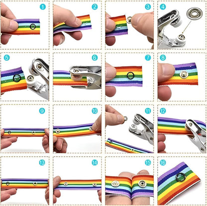 Grommet Eyelet Pliers Kit, Metal Eyelets with Washers in Gold/Silver, Portable Eyelet Grommet Hand Press 1/4 Inch 6mm Grommet Tool Kit for Leather/Belt/Shoes/Cloths