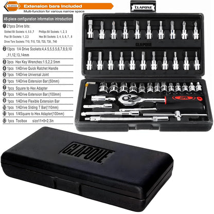 Tool Kit 46 Pcs Household | 1/4 Drive Socket Screwdriver Wrench Set for Bike, Car Repairs & More Spanner & Socket Set All Size Tool Kit Goti Pana Perfect for DIY Enthusiasts, Black