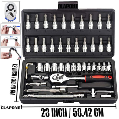 Tool Kit 46 Pcs Household | 1/4 Drive Socket Screwdriver Wrench Set for Bike, Car Repairs & More Spanner & Socket Set All Size Tool Kit Goti Pana Perfect for DIY Enthusiasts, Black