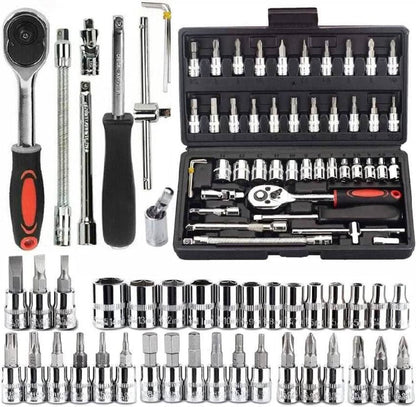 Tool Kit 46 Pcs Household | 1/4 Drive Socket Screwdriver Wrench Set for Bike, Car Repairs & More Spanner & Socket Set All Size Tool Kit Goti Pana Perfect for DIY Enthusiasts, Black
